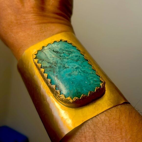 Jewelry - Vintage Mid-Century Brutalist Brass Stone Cuff Bracelet